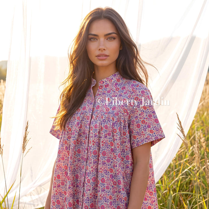 Liberty London Smock Top, Mandarin Collar Gather Blouse, Button Through Chemise, Botanical Handmade Womenswear, Short Sleeves Cotton Shirt