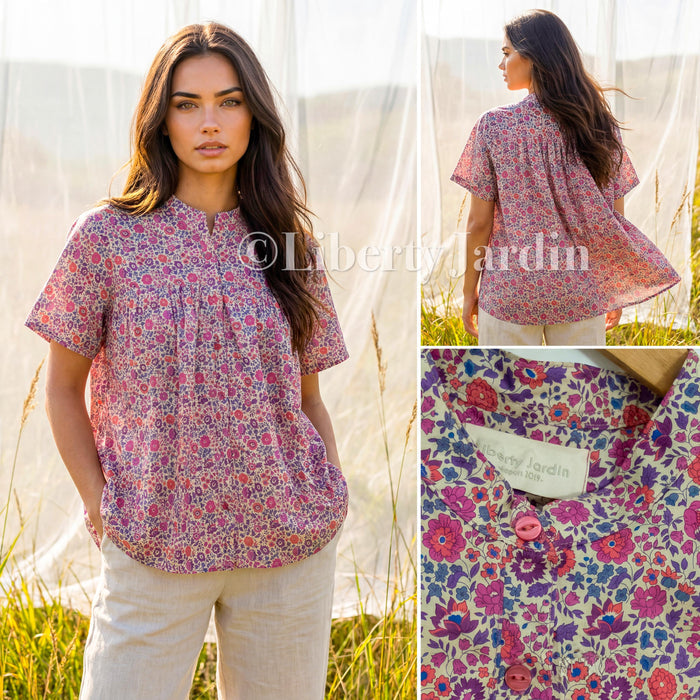 Liberty London Smock Top, Mandarin Collar Gather Blouse, Button Through Chemise, Botanical Handmade Womenswear, Short Sleeves Cotton Shirt