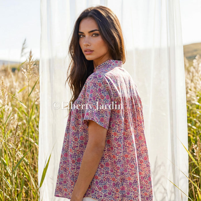 Liberty London Smock Top, Mandarin Collar Gather Blouse, Button Through Chemise, Botanical Handmade Womenswear, Short Sleeves Cotton Shirt