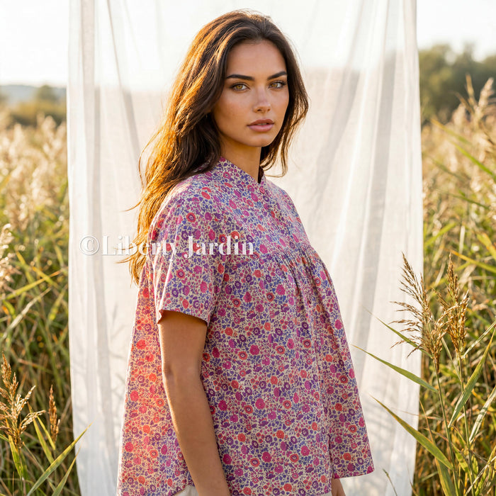 Liberty London Smock Top, Mandarin Collar Gather Blouse, Button Through Chemise, Botanical Handmade Womenswear, Short Sleeves Cotton Shirt