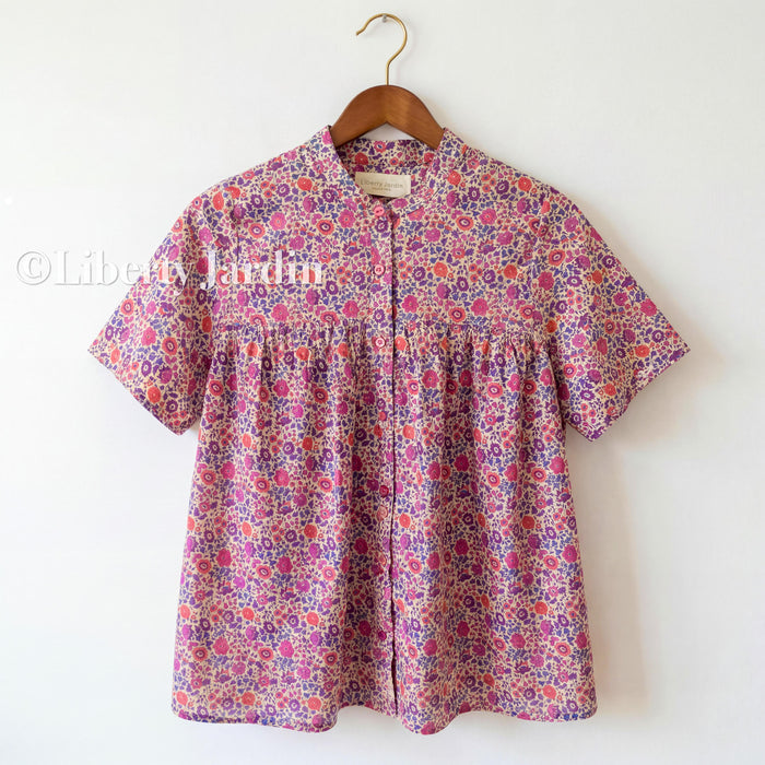 Liberty London Smock Top, Mandarin Collar Gather Blouse, Button Through Chemise, Botanical Handmade Womenswear, Short Sleeves Cotton Shirt