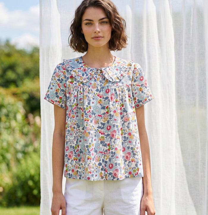 Liberty London Smock Top, Peter-Pan Collared Short-sleeved Blouse, Handmade Cotton Clothing, Sustainable Botanical Womenswear