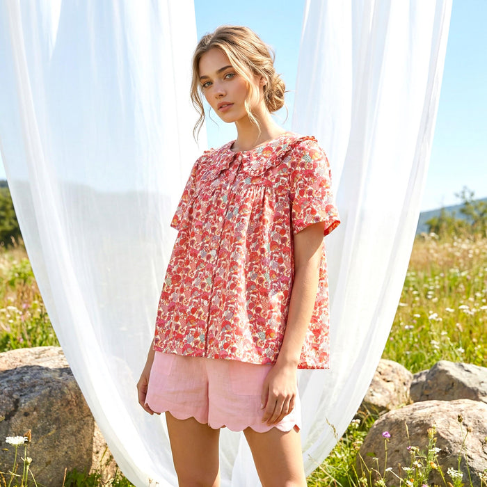 Liberty London Smock Top, Peter-Pan Collared Short-sleeved Blouse, Handmade Cotton Clothing, Sustainable Botanical Womenswear