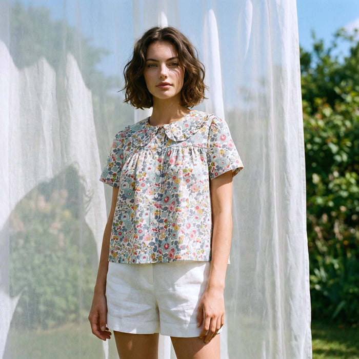 Liberty London Smock Top, Peter-Pan Collared Short-sleeved Blouse, Handmade Cotton Clothing, Sustainable Botanical Womenswear