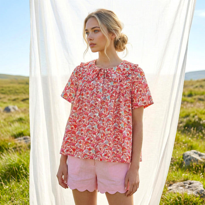 Liberty London Smock Top, Peter-Pan Collared Short-sleeved Blouse, Handmade Cotton Clothing, Sustainable Botanical Womenswear
