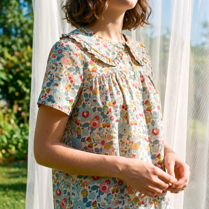 Liberty London Smock Top, Peter-Pan Collared Short-sleeved Blouse, Handmade Cotton Clothing, Sustainable Botanical Womenswear