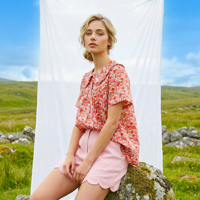 Liberty London Smock Top, Peter-Pan Collared Short-sleeved Blouse, Handmade Cotton Clothing, Sustainable Botanical Womenswear