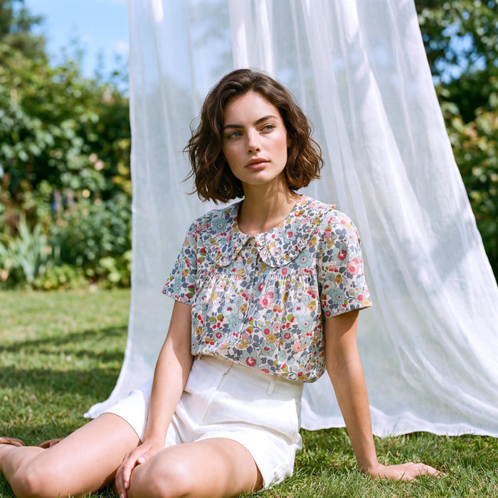 Liberty London Smock Top, Peter-Pan Collared Short-sleeved Blouse, Handmade Cotton Clothing, Sustainable Botanical Womenswear