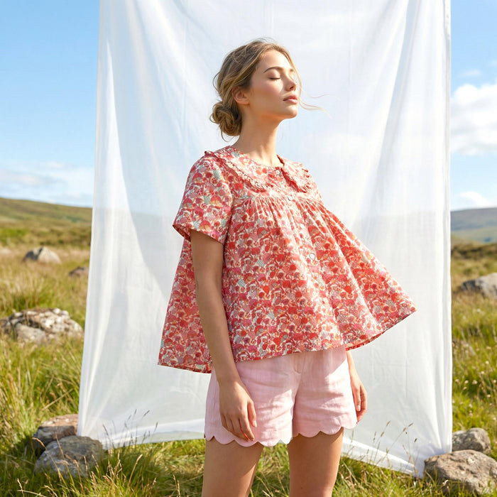 Liberty London Smock Top, Peter-Pan Collared Short-sleeved Blouse, Handmade Cotton Clothing, Sustainable Botanical Womenswear