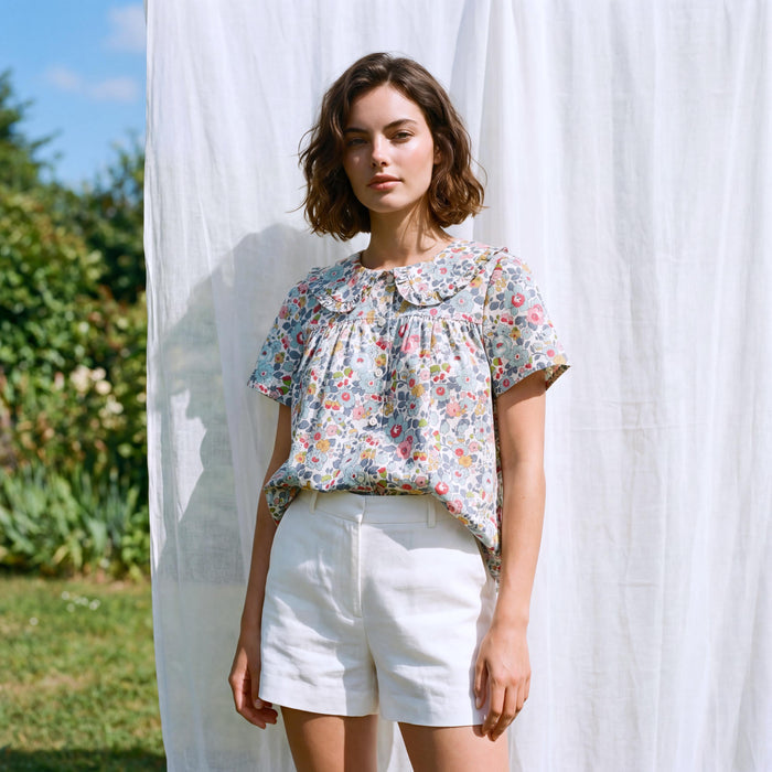 Liberty London Smock Top, Peter-Pan Collared Short-sleeved Blouse, Handmade Cotton Clothing, Sustainable Botanical Womenswear