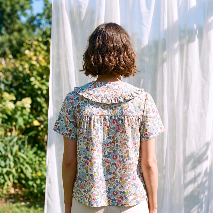 Liberty London Smock Top, Peter-Pan Collared Short-sleeved Blouse, Handmade Cotton Clothing, Sustainable Botanical Womenswear