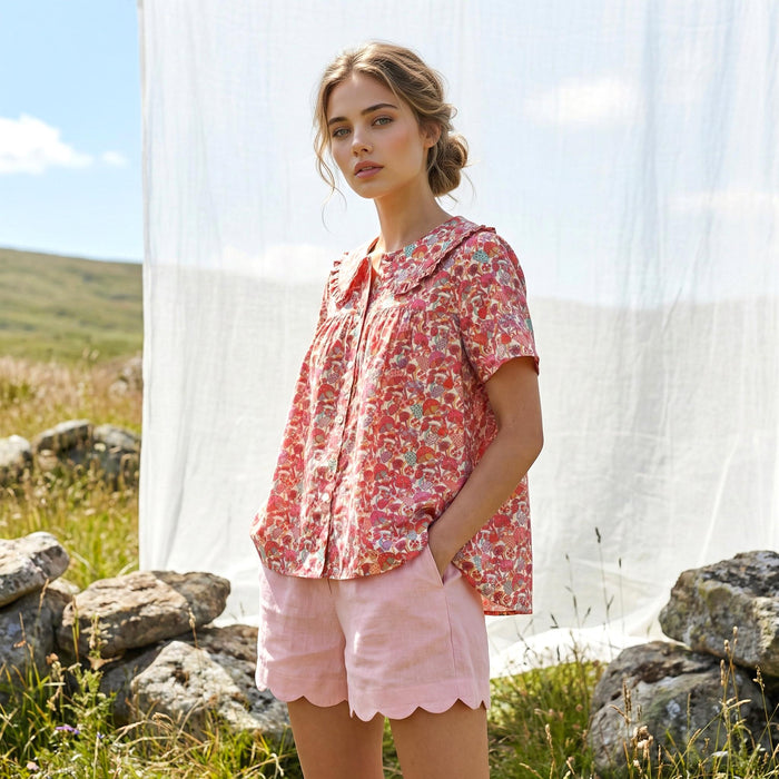 Liberty London Smock Top, Peter-Pan Collared Short-sleeved Blouse, Handmade Cotton Clothing, Sustainable Botanical Womenswear