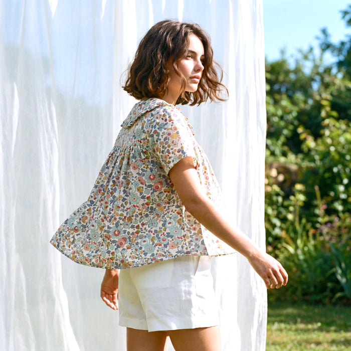Liberty London Smock Top, Peter-Pan Collared Short-sleeved Blouse, Handmade Cotton Clothing, Sustainable Botanical Womenswear