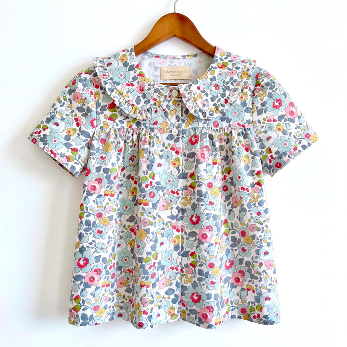 Liberty London Smock Top, Peter-Pan Collared Short-sleeved Blouse, Handmade Cotton Clothing, Sustainable Botanical Womenswear