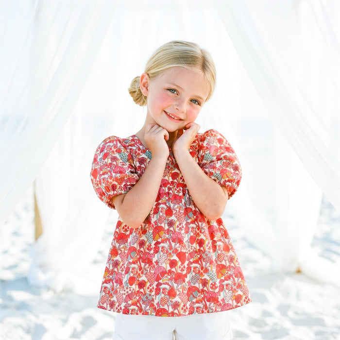 Liberty London Square-neck Puffed Short-sleeved Smock Blouse, Babydoll Handmade Top, Sustainable Personalised Cotton Children-wear