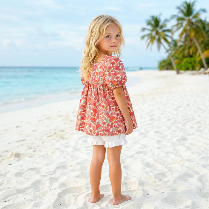 Liberty London Square-neck Puffed Short-sleeved Smock Blouse, Babydoll Handmade Top, Sustainable Personalised Cotton Children-wear