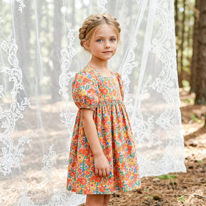 Liberty London Square Neck Puffed Short-sleeved Sundress, Handmade Children-wear, Sustainable Cotton Clothing, Personalised Outfits