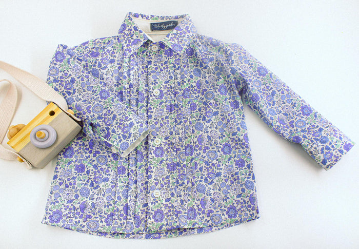 Liberty London Tana Lawn Boy Shirt, Blue Ditsy Floral Print, Button Up Top