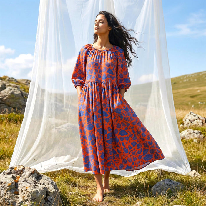 Liberty London Three-quarter Bishop Sleeves Boho Dress, Handmade Personalised Botanical Clothing, Sustainable Cotton Womenswear