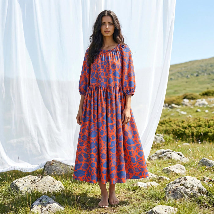 Liberty London Three-quarter Bishop Sleeves Boho Dress, Handmade Personalised Botanical Clothing, Sustainable Cotton Womenswear