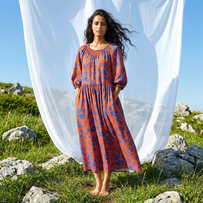 Liberty London Three-quarter Bishop Sleeves Boho Dress, Handmade Personalised Botanical Clothing, Sustainable Cotton Womenswear