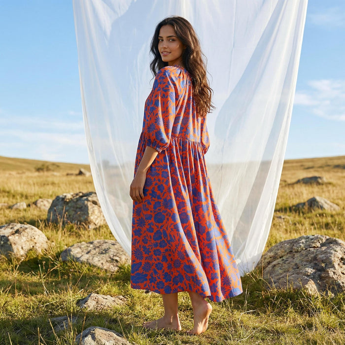 Liberty London Three-quarter Bishop Sleeves Boho Dress, Handmade Personalised Botanical Clothing, Sustainable Cotton Womenswear