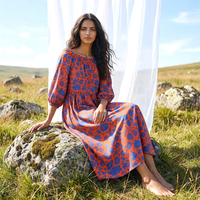 Liberty London Three-quarter Bishop Sleeves Boho Dress, Handmade Personalised Botanical Clothing, Sustainable Cotton Womenswear