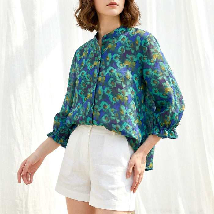 Liberty London Three-Quarter Mandarin Collared Button-up Blouse, Personalised Shirt, Handmade Botanical Womenswear, Peasant Top