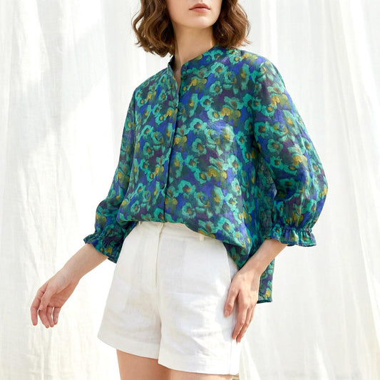 Liberty London Three-Quarter Mandarin Collared Button-up Blouse, Personalised Shirt, Handmade Botanical Womenswear, Peasant Top