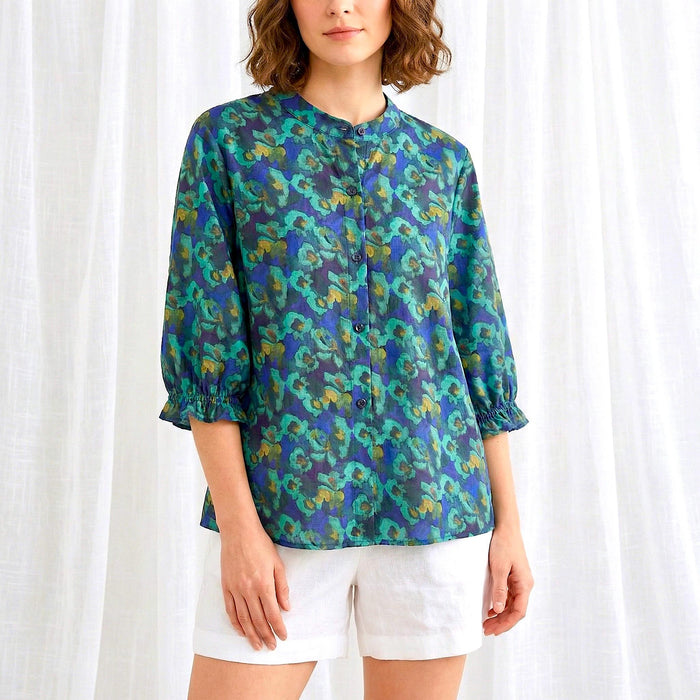 Liberty London Three-Quarter Mandarin Collared Button-up Blouse, Personalised Shirt, Handmade Botanical Womenswear, Peasant Top