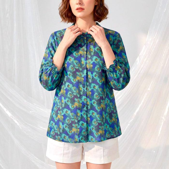 Liberty London Three-Quarter Mandarin Collared Button-up Blouse, Personalised Shirt, Handmade Botanical Womenswear, Peasant Top