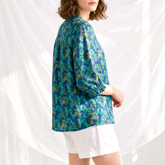 Liberty London Three-Quarter Mandarin Collared Button-up Blouse, Personalised Shirt, Handmade Botanical Womenswear, Peasant Top