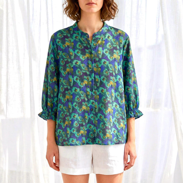 Liberty London Three-Quarter Mandarin Collared Button-up Blouse, Personalised Shirt, Handmade Botanical Womenswear, Peasant Top