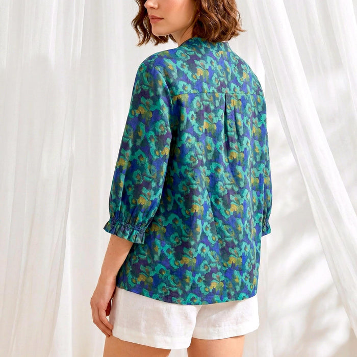 Liberty London Three-Quarter Mandarin Collared Button-up Blouse, Personalised Shirt, Handmade Botanical Womenswear, Peasant Top