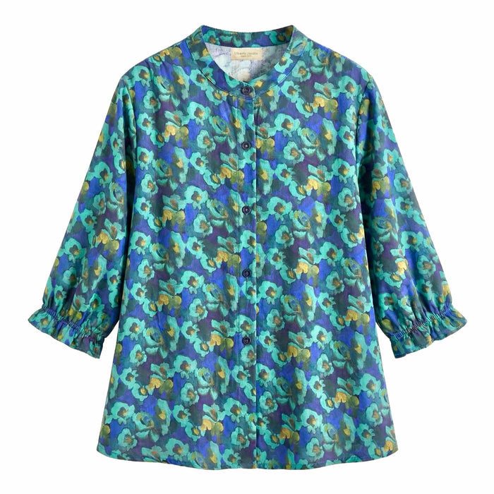 Liberty London Three-Quarter Mandarin Collared Button-up Blouse, Personalised Shirt, Handmade Botanical Womenswear, Peasant Top