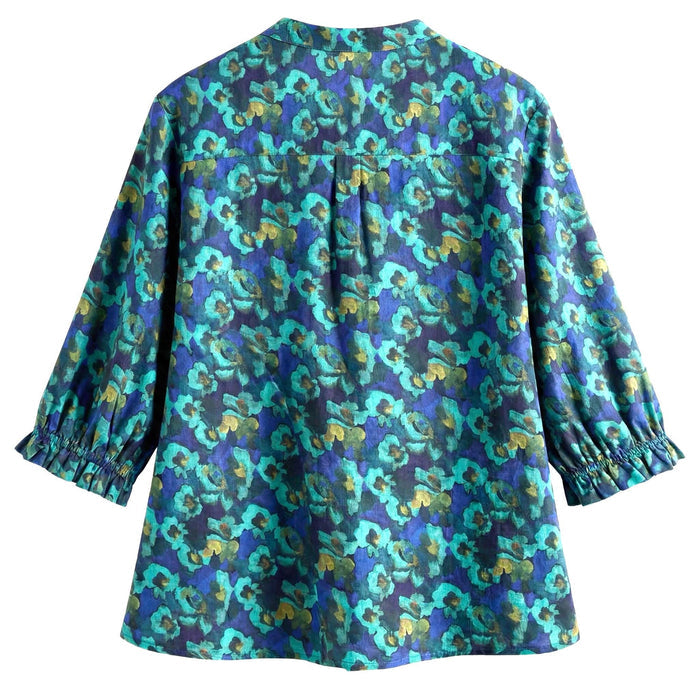 Liberty London Three-Quarter Mandarin Collared Button-up Blouse, Personalised Shirt, Handmade Botanical Womenswear, Peasant Top