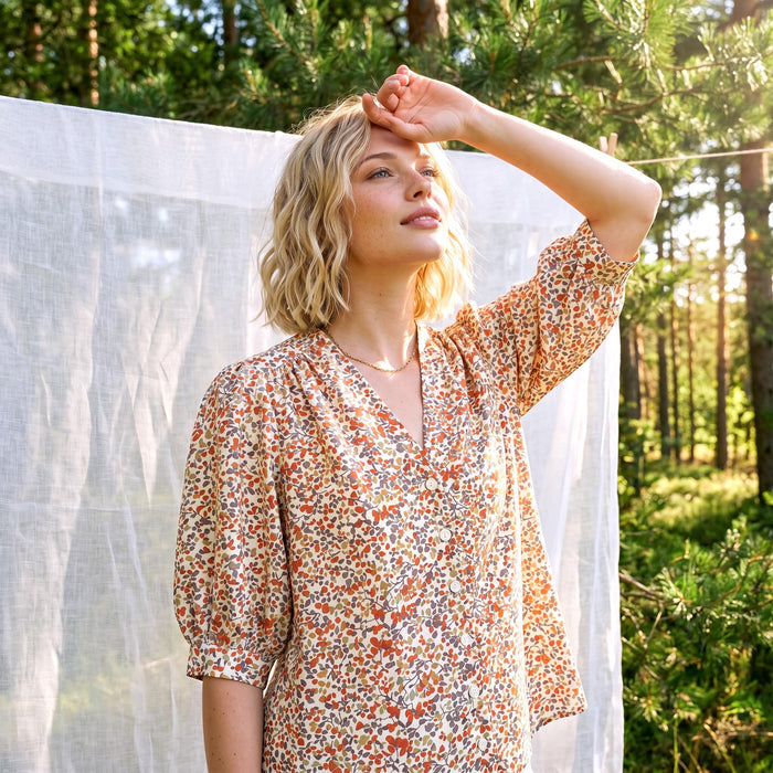 Liberty London V-neck Bishop Sleeves Blouse, Handmade Botanical Shirt, Personalised Sustainable Womenswear, Cotton Clothing