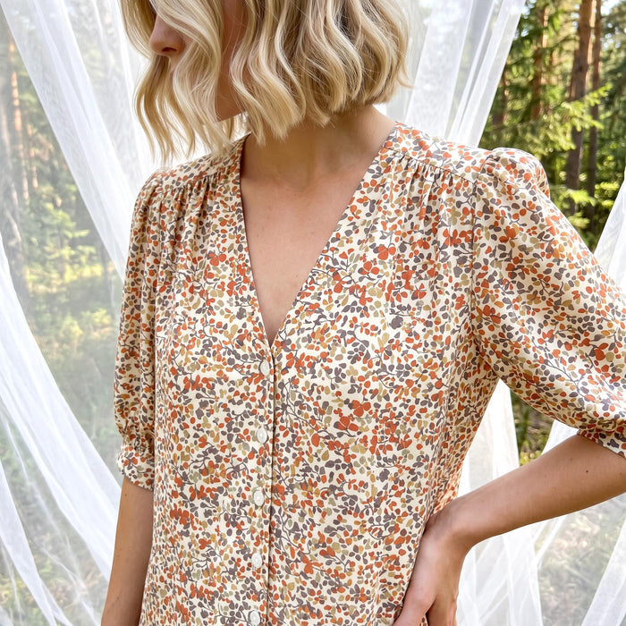 Liberty London V-neck Bishop Sleeves Blouse, Handmade Botanical Shirt, Personalised Sustainable Womenswear, Cotton Clothing