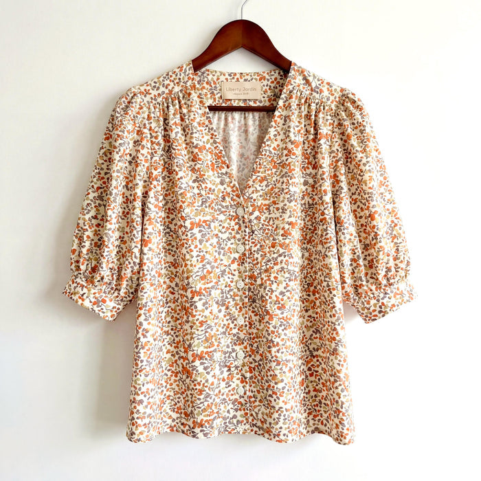 Liberty London V-neck Bishop Sleeves Blouse, Handmade Botanical Shirt, Personalised Sustainable Womenswear, Cotton Clothing