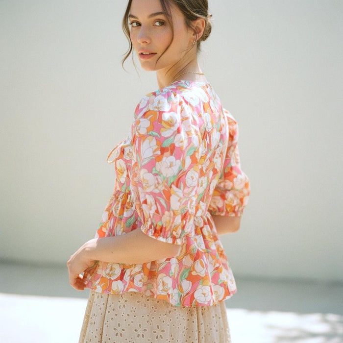 Liberty London V-Neck Peplum Blouse, Puffy Half Sleeves Ditsy Floral Print Top, Handmade Clothing