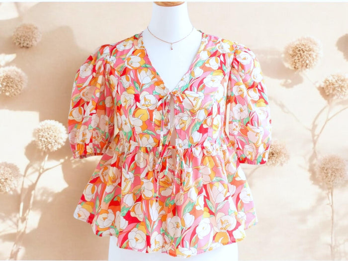 Liberty London V-Neck Peplum Blouse, Puffy Half Sleeves Ditsy Floral Print Top, Handmade Clothing