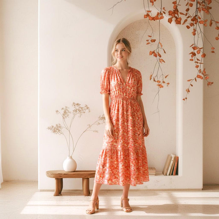 Liberty London V-Neck Smock Midi Sun Dress, Ditsy Floral Short Puffy Sleeves Handmade Dress