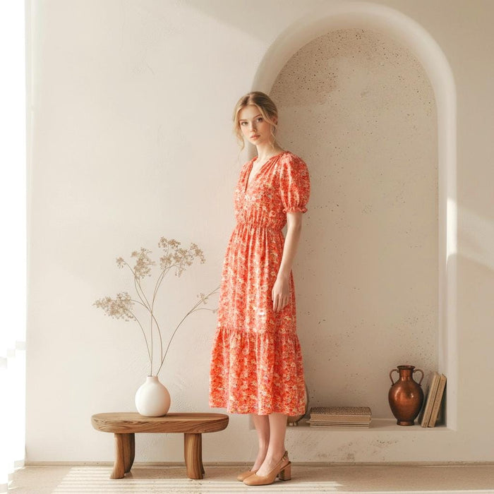 Liberty London V-Neck Smock Midi Sun Dress, Ditsy Floral Short Puffy Sleeves Handmade Dress