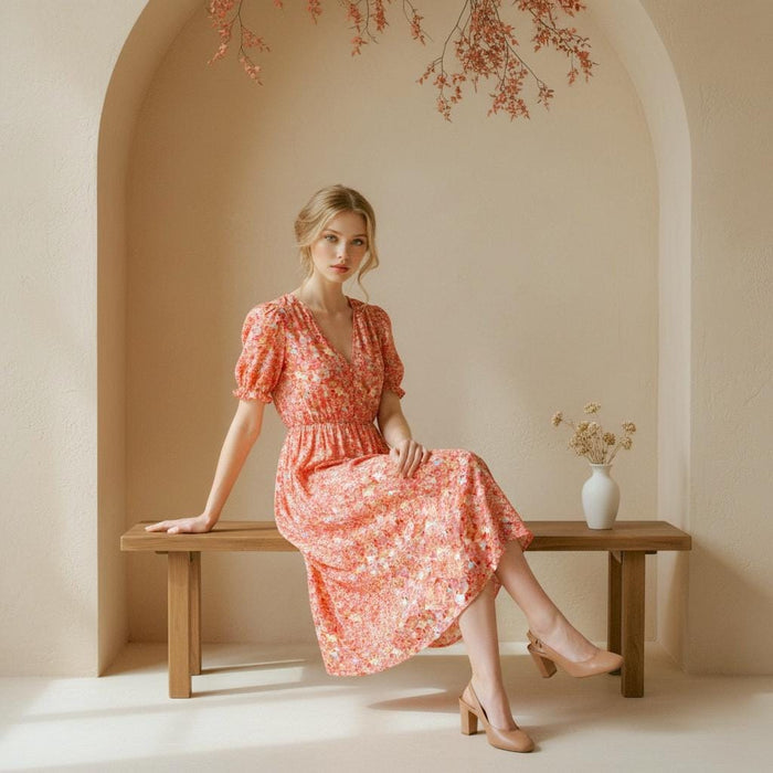 Liberty London V-Neck Smock Midi Sun Dress, Ditsy Floral Short Puffy Sleeves Handmade Dress