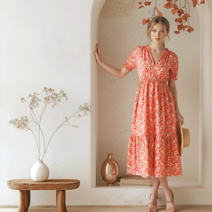 Liberty London V-Neck Smock Midi Sun Dress, Ditsy Floral Short Puffy Sleeves Handmade Dress