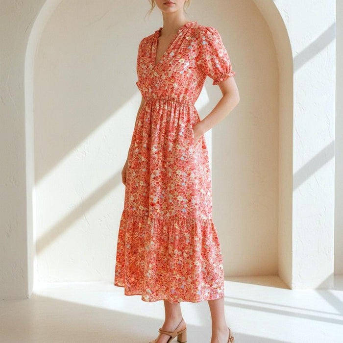 Liberty London V-Neck Smock Midi Sun Dress, Ditsy Floral Short Puffy Sleeves Handmade Dress