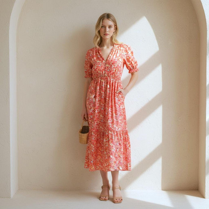 Liberty London V-Neck Smock Midi Sun Dress, Ditsy Floral Short Puffy Sleeves Handmade Dress