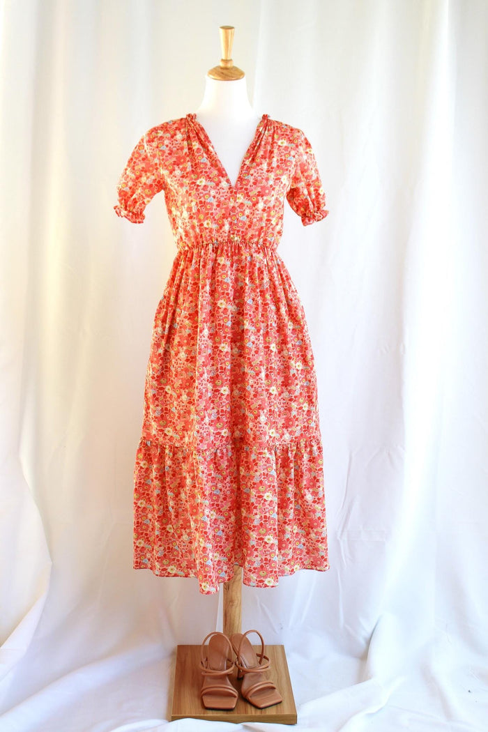 Liberty London V-Neck Smock Midi Sun Dress, Ditsy Floral Short Puffy Sleeves Handmade Dress