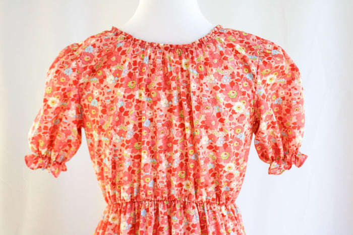 Liberty London V-Neck Smock Midi Sun Dress, Ditsy Floral Short Puffy Sleeves Handmade Dress