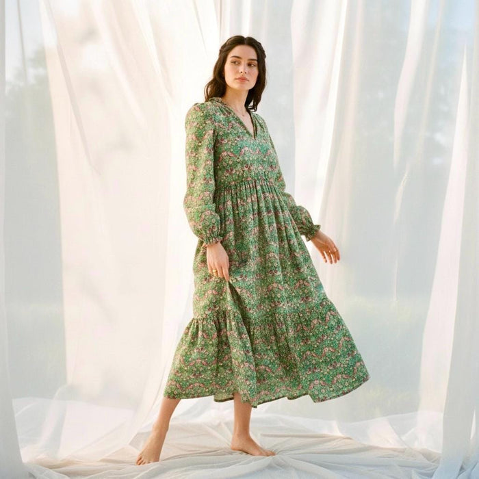 Liberty London V-neck Smock Puffed Long-Sleeved Midi Dress, Handmade Sustainable Womenswear, Botanical Tailoring Ethical-wear